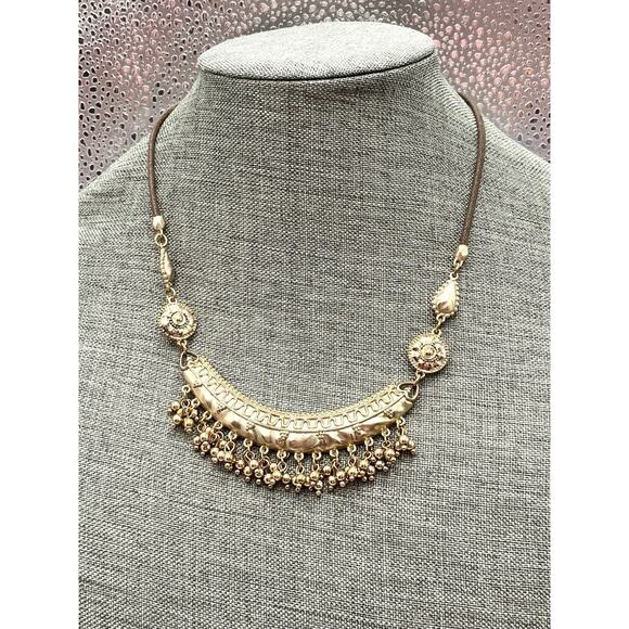 Chico’s Necklace light Gold Tone Bar with Dangles Brown Cords Costume 19”+ 4” - Picture 1 of 9